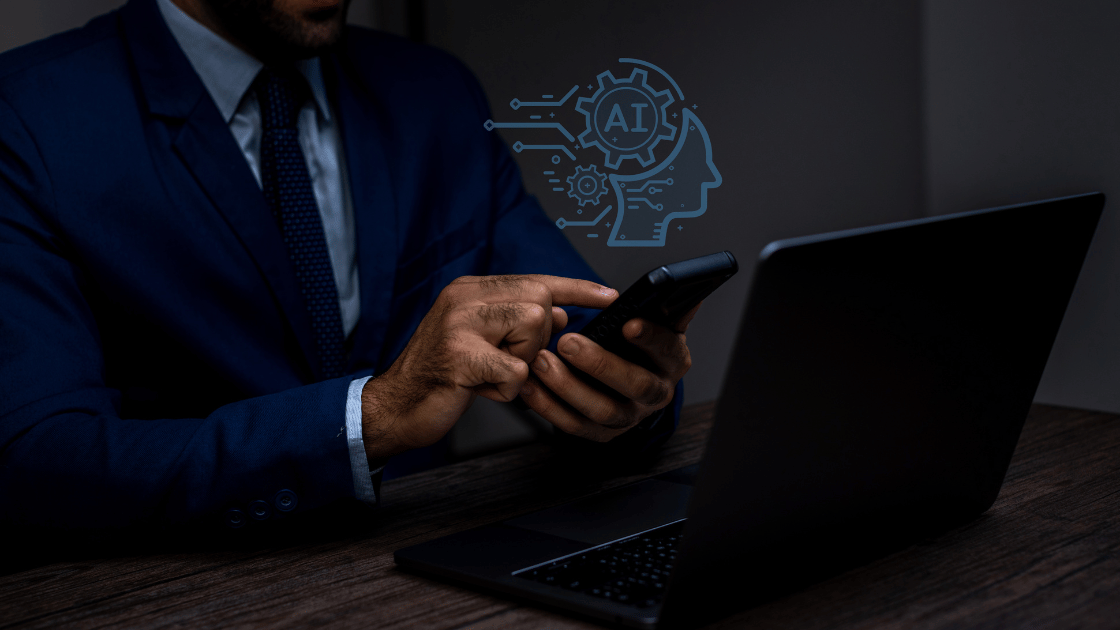 Man typing on his phone with an AI symbol in the background